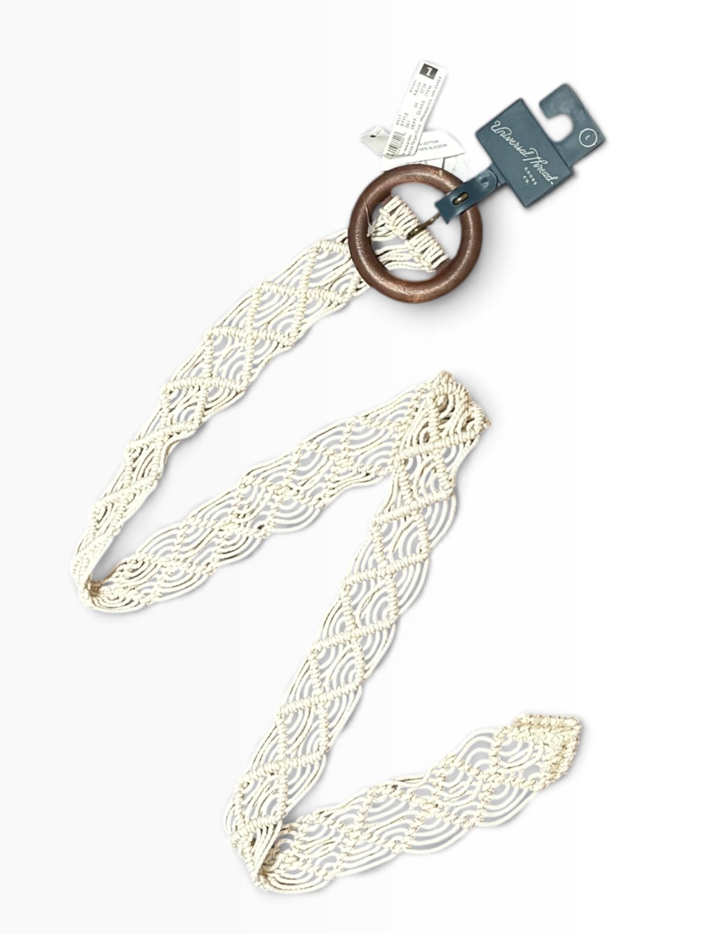 Universal Thread Cream Macramé Belt with Wooden Round Buckle, Size L NEW